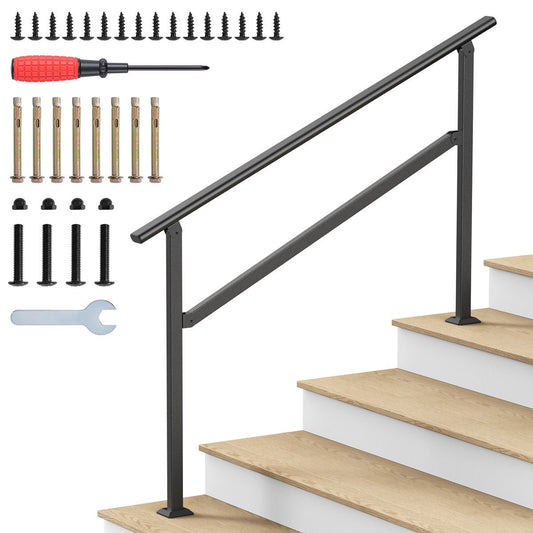 Black wrought iron hand rail for outdoor steps on a white background with its mounting screws, expansion anchors, and tools for a 2 to 5 step porch.