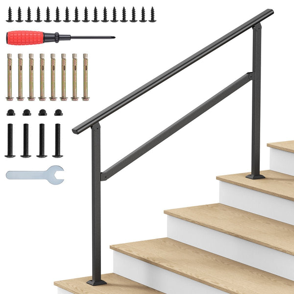 Black wrought iron hand rail for outdoor steps on a white background with its mounting screws, expansion anchors, and tools for a 2 to 5 step porch.