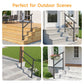 Black hand rails for outdoor steps installed on wood deck, concrete, and porch entry steps at four different homes.