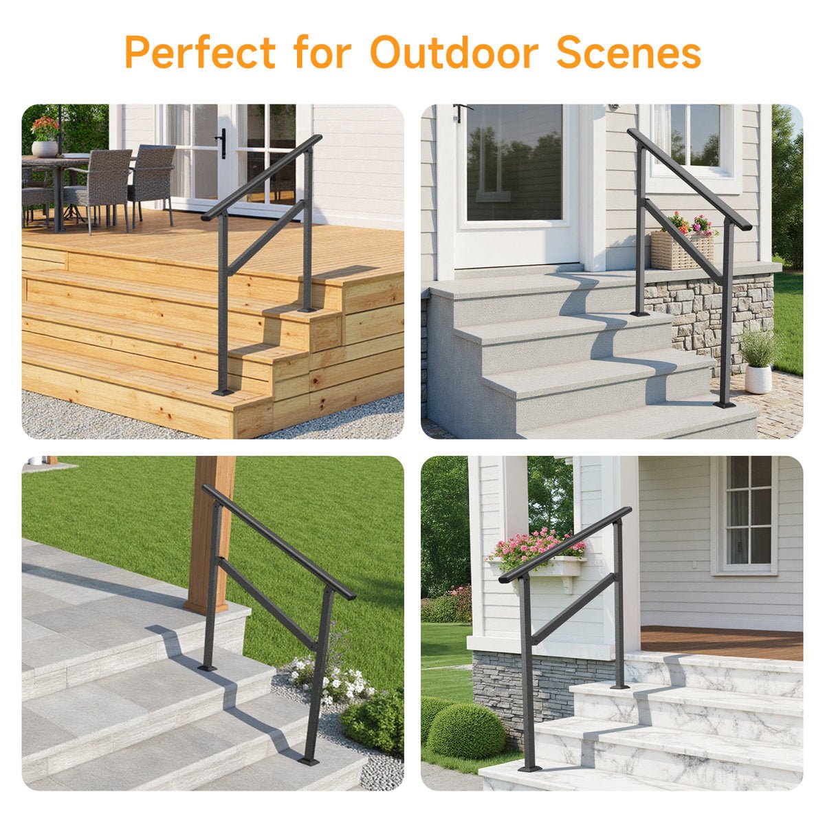 Black hand rails for outdoor steps installed on wood deck, concrete, and porch entry steps at four different homes.
