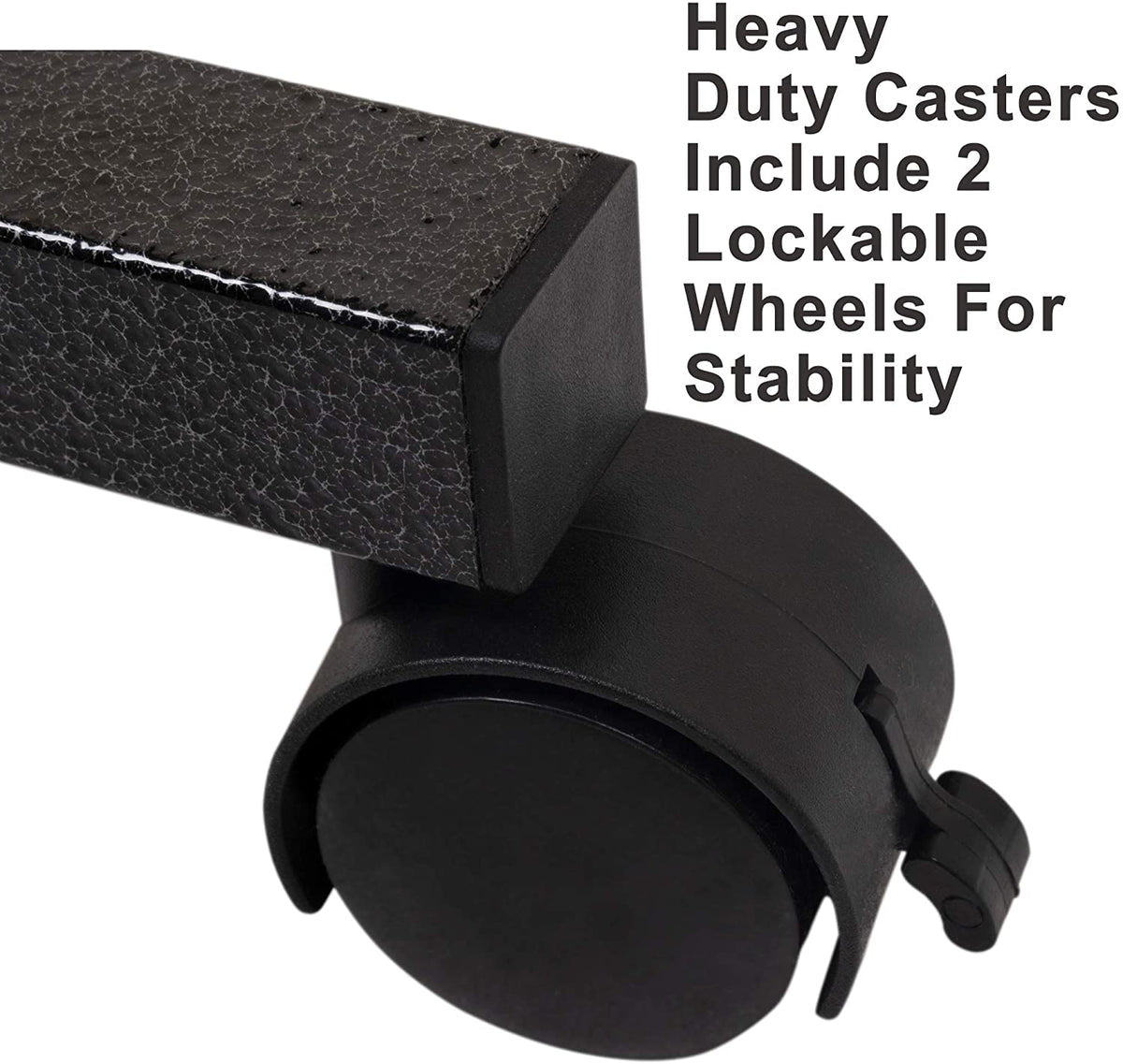 Close-up of the overbed table's heavy-duty swivel caster with a locking brake; two of the four wheels lock to keep the table still during meals.