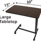 Overbed table tabletop measuring 15 by 30 inches, large enough for a meal tray, laptop, or book during bed rest.