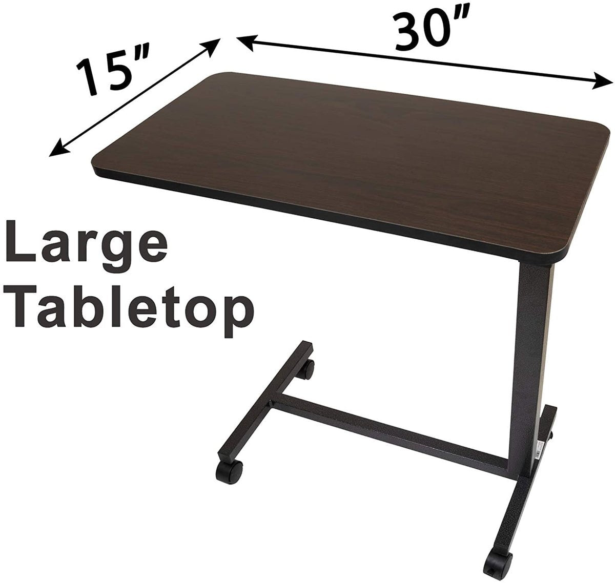 Overbed table tabletop measuring 15 by 30 inches, large enough for a meal tray, laptop, or book during bed rest.