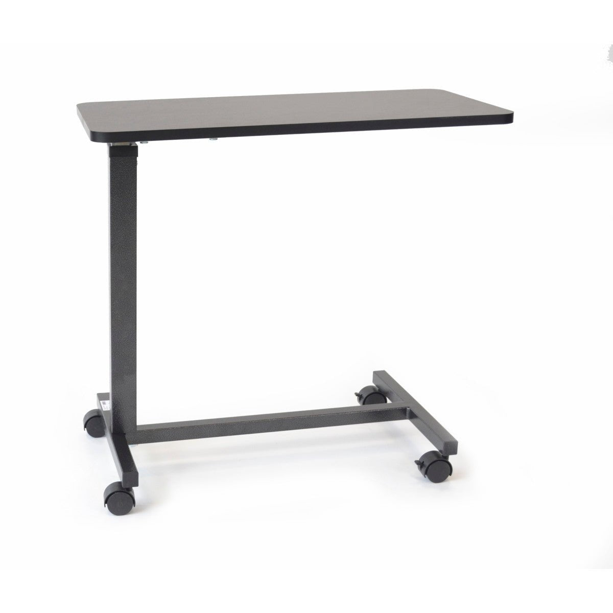 Roscoe non-tilt overbed table on wheels with a walnut wood-grain tabletop and steel H-base, a height-adjustable hospital bedside table for eating and reading in bed.