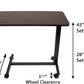 Overbed table dimensions: height adjusts from 28 to 45 inches, the base is 15.25 inches deep, and the base needs 3.5 inches of clearance under the bed to roll in.