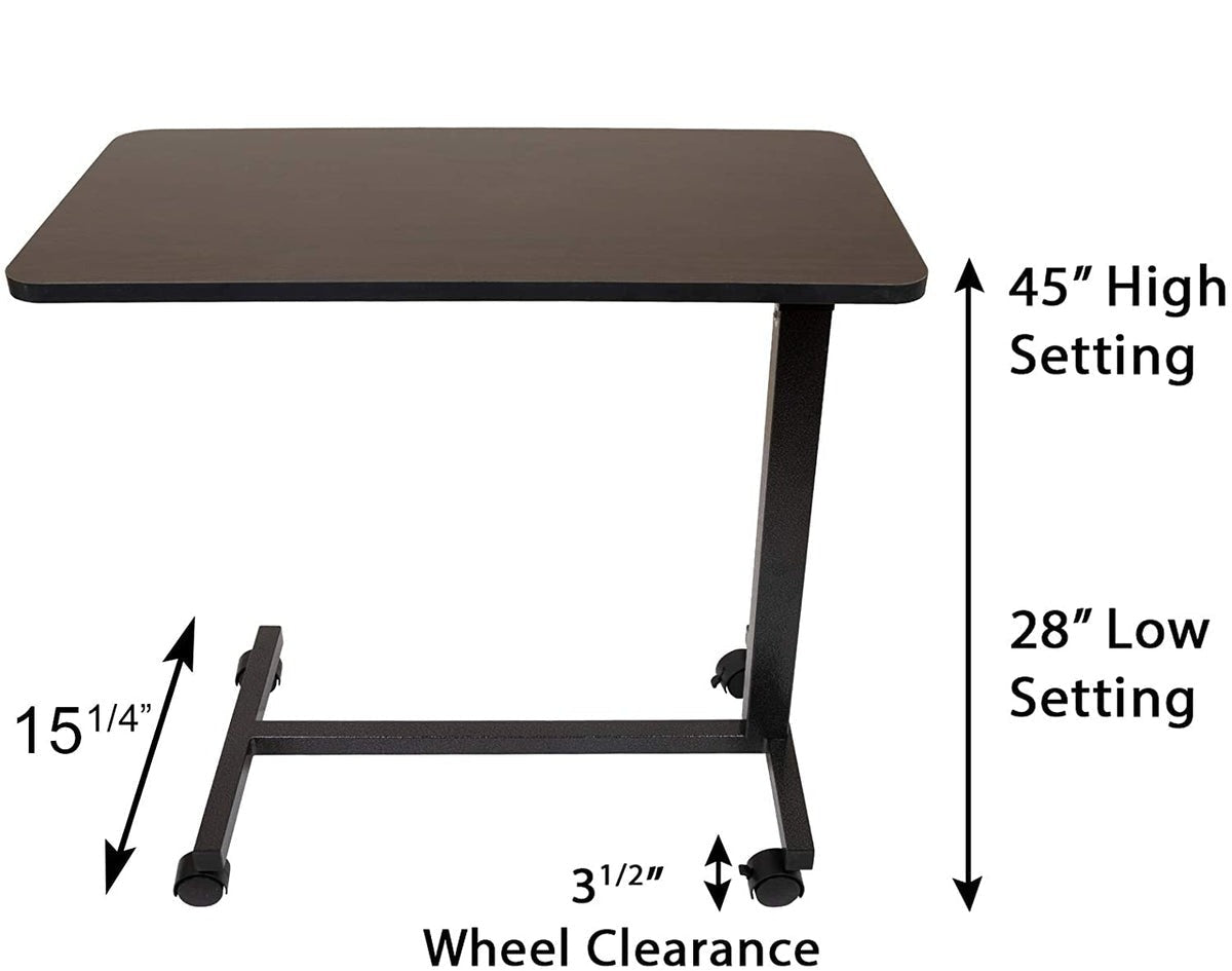 Overbed table dimensions: height adjusts from 28 to 45 inches, the base is 15.25 inches deep, and the base needs 3.5 inches of clearance under the bed to roll in.