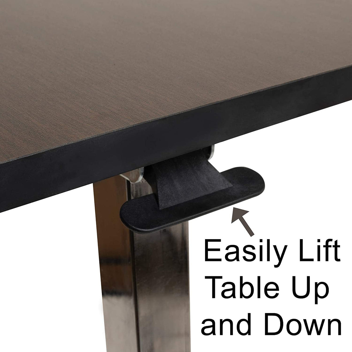 Close-up of the height adjustment lever under the overbed tabletop, used to raise and lower the table with one hand.
