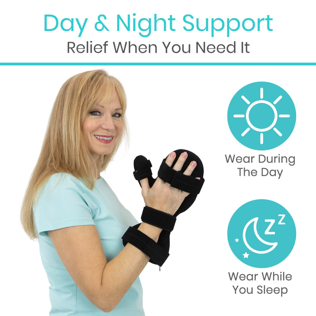 Resting Hand Splint worn by woman great wear for during the day or while sleeping from AskSAMIE