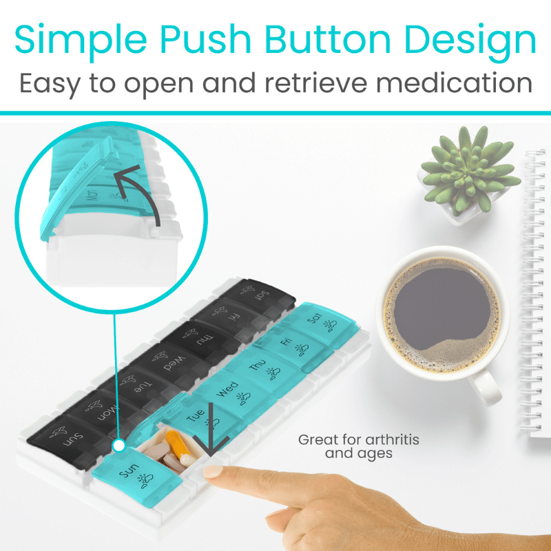 Weekly AM/PM Push Button Pill Planner being pushed open from AskSAMIE 