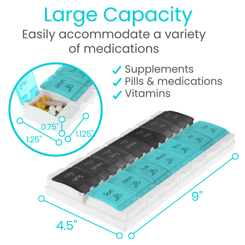 Weekly AM/PM Push Button Pill Planner
dimensions from AskSAMIE