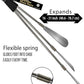 Diagram of the long handled shoe horn expanding from 16 to 31 inches, with a close up of the flexible spring neck that glides the foot into the shoe without bending.