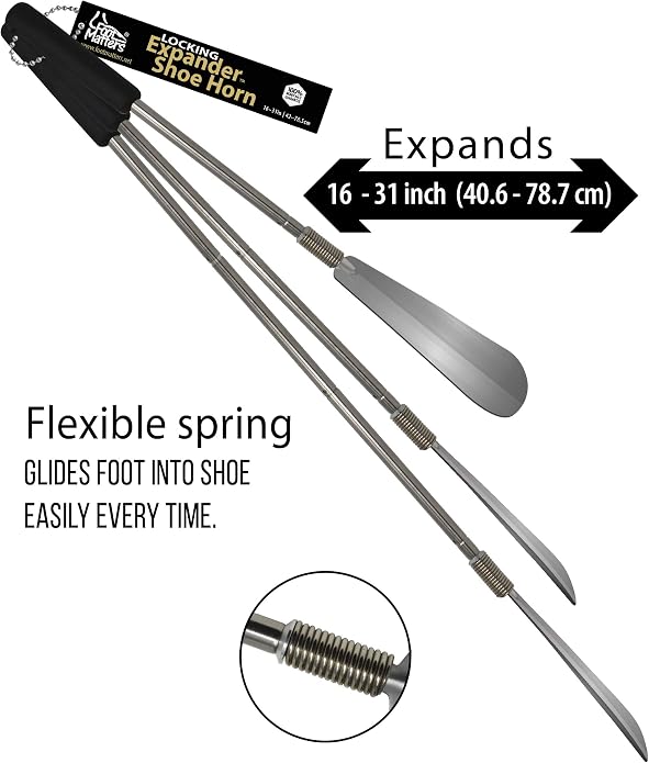 Diagram of the long handled shoe horn expanding from 16 to 31 inches, with a close up of the flexible spring neck that glides the foot into the shoe without bending.