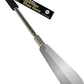 FootMatters locking expander shoe horn shown full length on a white background, with a telescoping stainless steel shaft, a flexible spring neck, and a wide polished horn.
