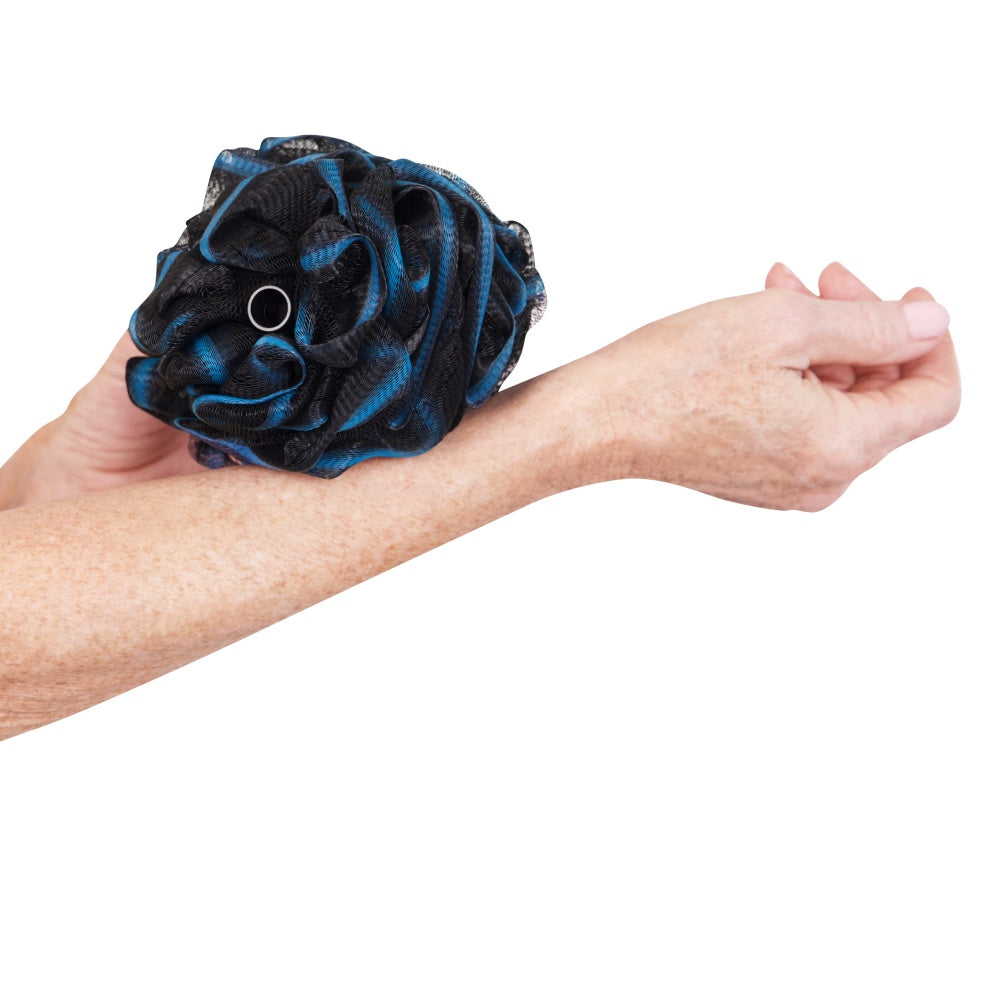 Black and blue mesh loofah replacement sponge with a clip ring, sized to fit the Vive Bendable Loofah Brush handle for reaching the back and legs