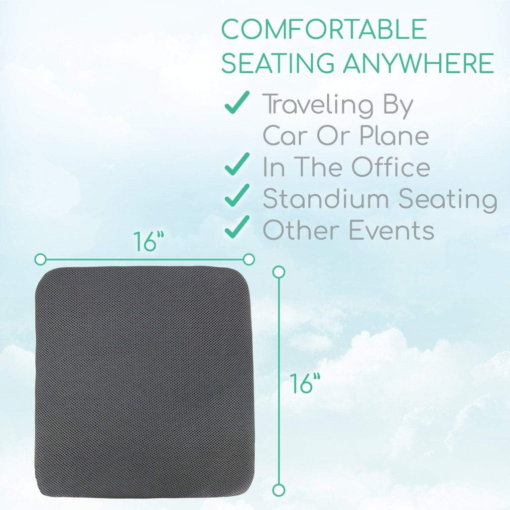 Honeycomb Gel Seat Cushion dimensions with its use cases listed on top left 