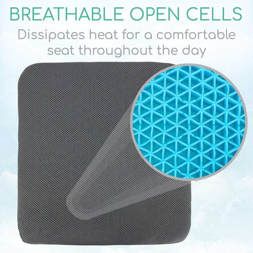 Honeycomb Gel Seat Cushion with cover on and a close up of gel cushion