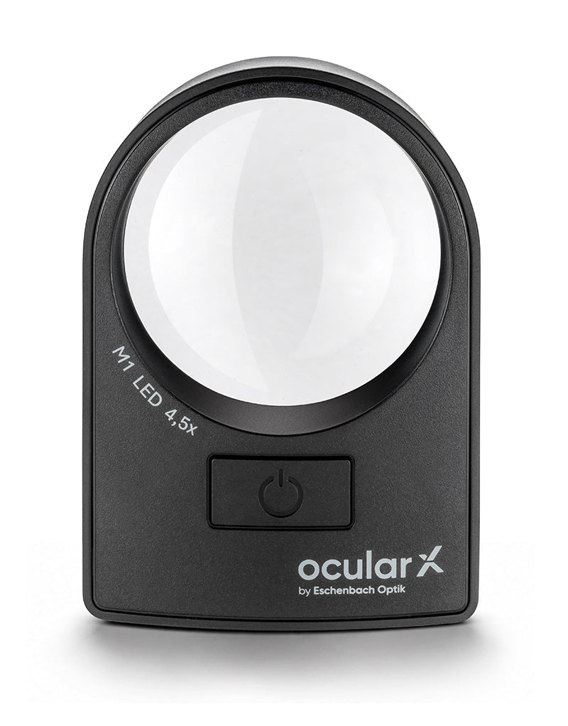 ocularX M1 4.5x round LED magnifier with a 58 mm lens, the strongest in the line for very fine print with low vision.