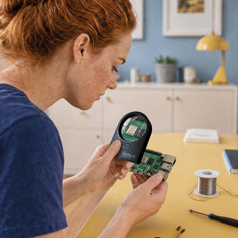Person using an ocularX round LED hand magnifier to see small parts on a circuit board during a hobby project.