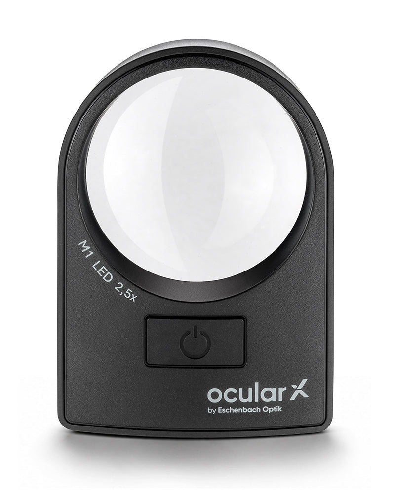 ocularX M1 2.5x round LED hand magnifier with a 58 mm lens, a lighted reading aid for mail, menus, and labels.