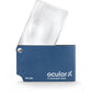 ocularX M2 2.5x folding pocket magnifier, credit card size with a 74 x 48 mm lens and blue case that folds over to protect it.