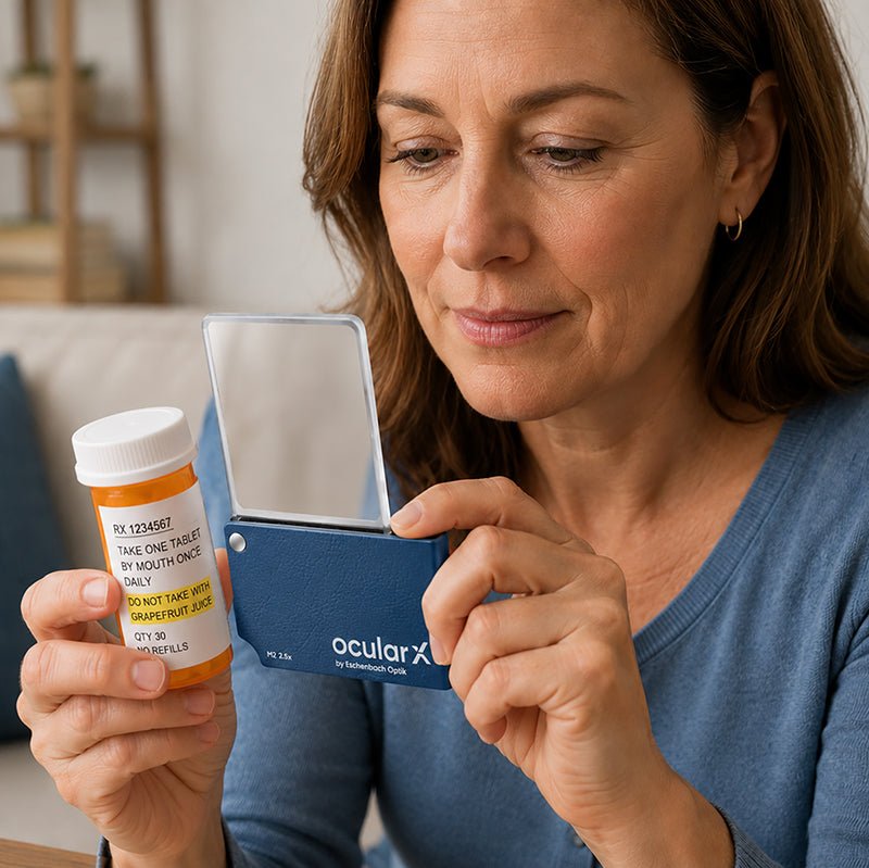 Woman reading a prescription pill bottle with the ocularX M2 folding pocket magnifier, a credit card size reading aid.