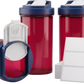 Patriotic SnapSlide 3 pack of red one-handed easy open pill bottles with navy caps and three blank labels, one bottle tipped on its side with the white slide tab open.