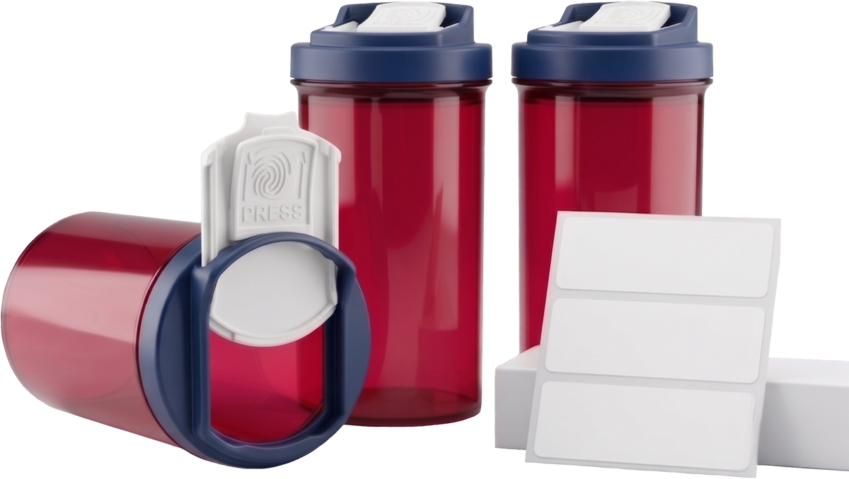 Patriotic SnapSlide 3 pack of red one-handed easy open pill bottles with navy caps and three blank labels, one bottle tipped on its side with the white slide tab open.
