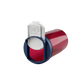 Close-up of a red SnapSlide pill bottle lying on its side with the white press tab slid open, showing how the no-twist child-resistant cap opens while staying attached to the bottle.