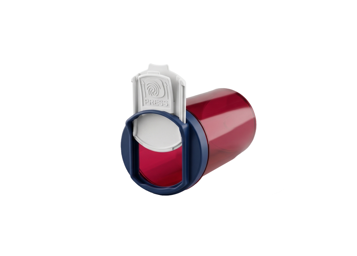 Close-up of a red SnapSlide pill bottle lying on its side with the white press tab slid open, showing how the no-twist child-resistant cap opens while staying attached to the bottle.