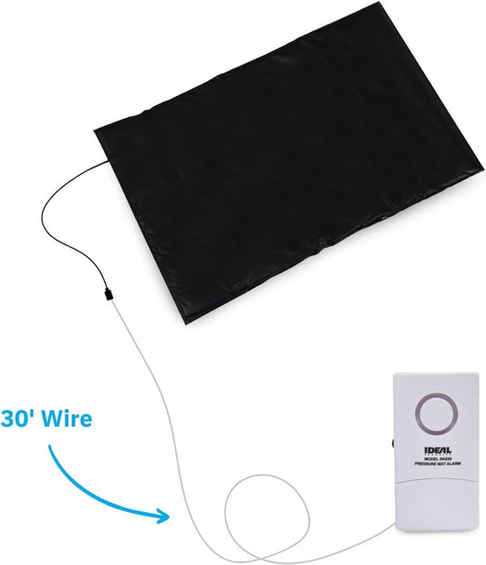 Black 21.75 by 13.75 inch pressure mat with a 30 foot wire to a white alarm unit that chimes when someone steps on it