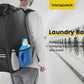 Video tour of the hands-free laundry backpack: mesh side pockets, front-opening door, washable inner bag, padded straps, and chest buckle.