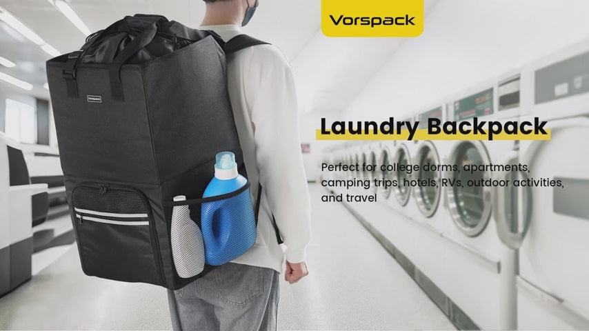 Video tour of the hands-free laundry backpack: mesh side pockets, front-opening door, washable inner bag, padded straps, and chest buckle.