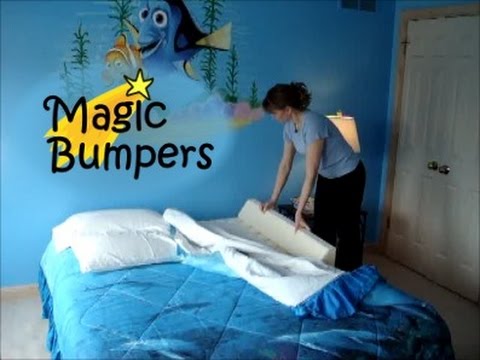 Magic Bumpers video showing the firm foam bed bumper sliding under a fitted sheet to keep an adult's legs from drifting out of bed