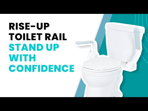 Vive Health video showing the Rise Up toilet rail's flip-up armrests helping a senior sit down and stand up from the toilet safely.