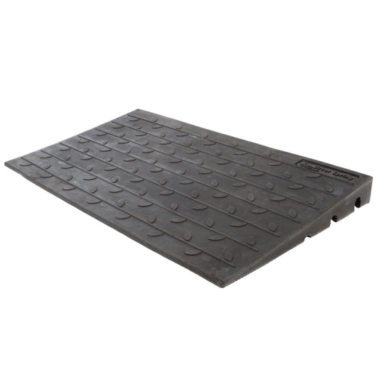 Silver Spring rubber threshold ramp on a white background, showing the textured non slip top surface and beveled edge used to roll a wheelchair or walker over a raised doorway.
