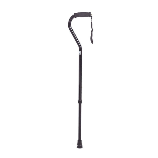 Adjustable single point walking cane with a contoured grip and rubber tip, used for balance and stability