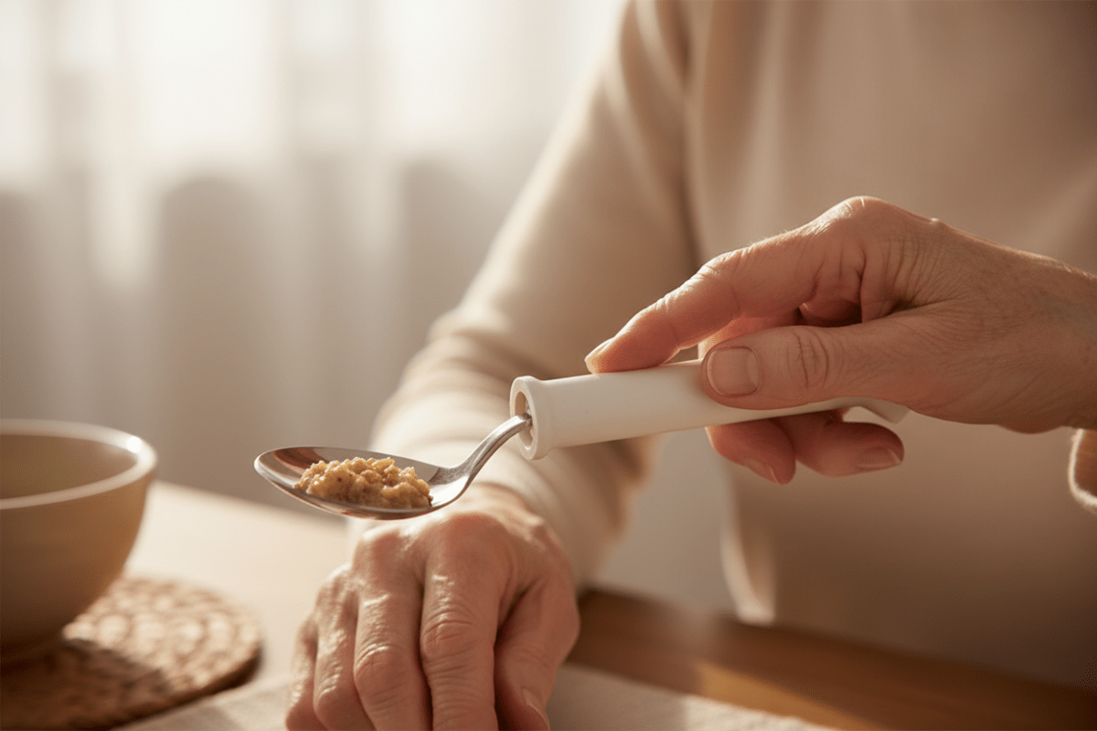 Close-up of a hand holding the swivel spoon's wide white handle, the pivoting stainless bowl keeping oatmeal level