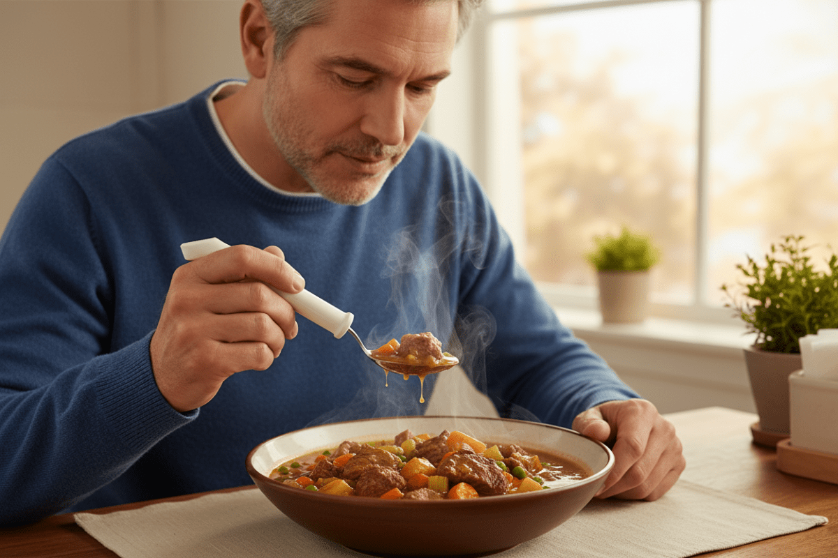 Man in a blue sweater lifts a spoonful of steaming beef stew with the white-handled swivel spoon, its bowl staying level