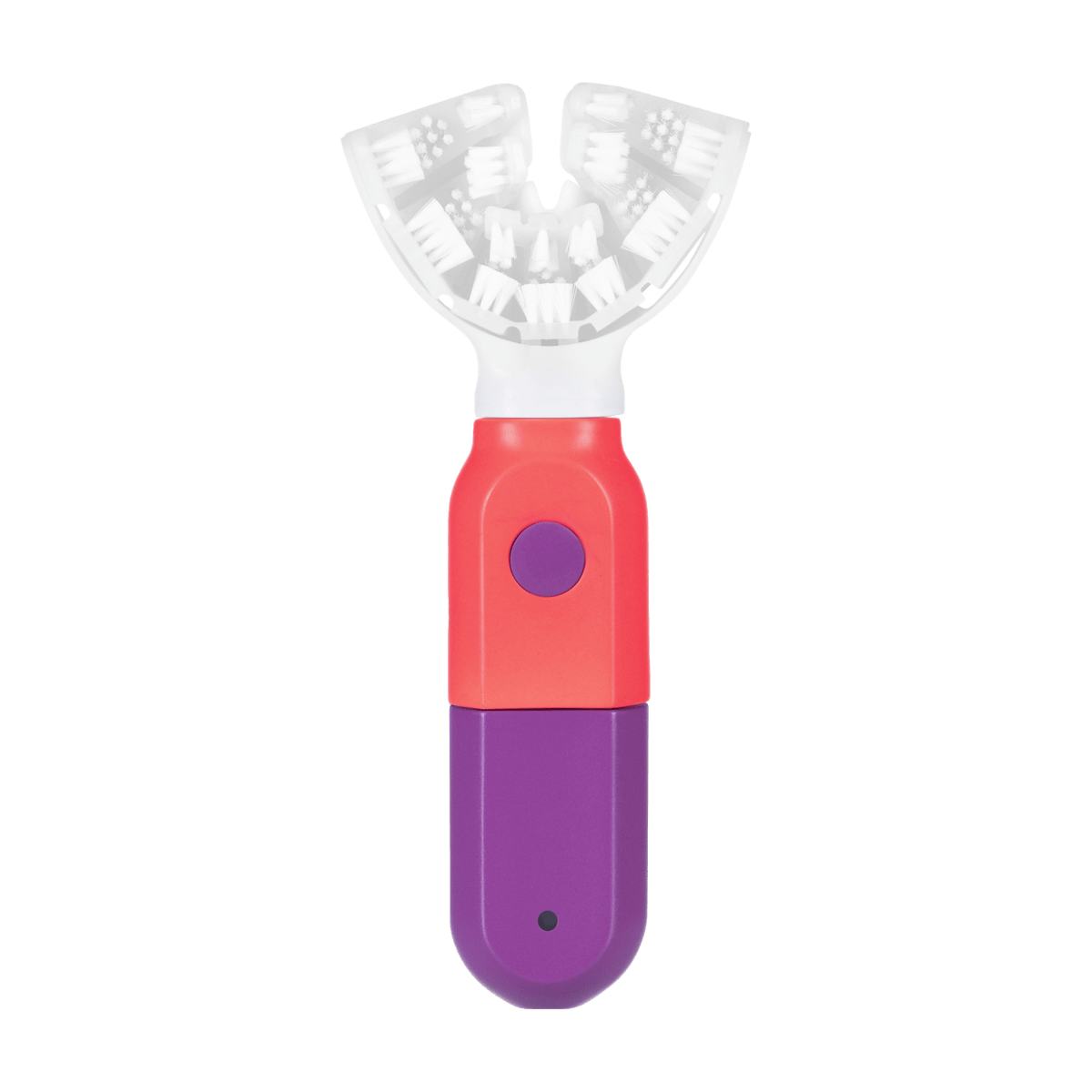 SymplBrush Jr. automatic toothbrush in Coral and Purple, showing the U shaped bristle cradle that cleans a child's whole arch of teeth at once.
