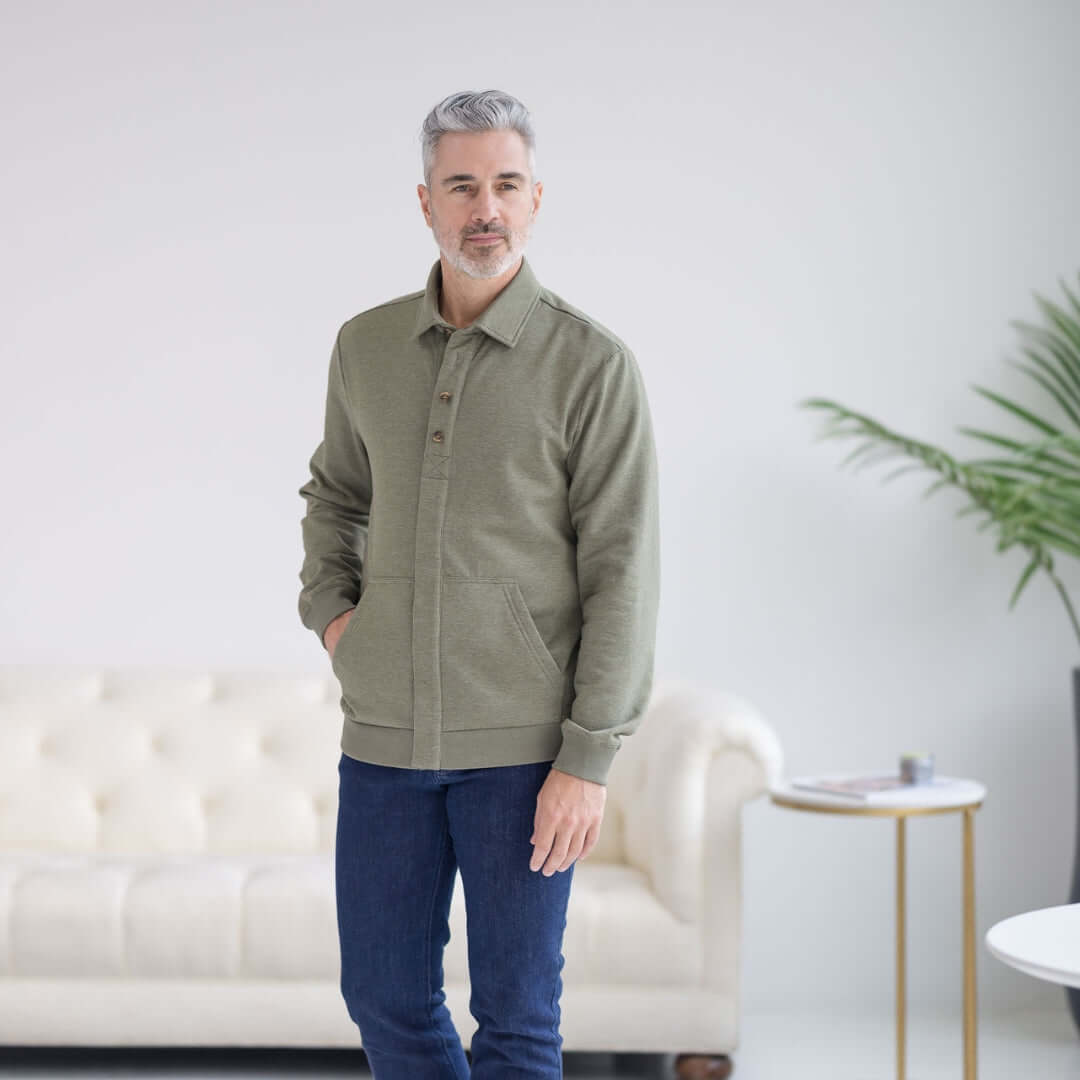 The Adaptive Magnetic Front Sweatshirt in Heathered Olive MagnaReady - AskSAMIE: Answers for Accessibility