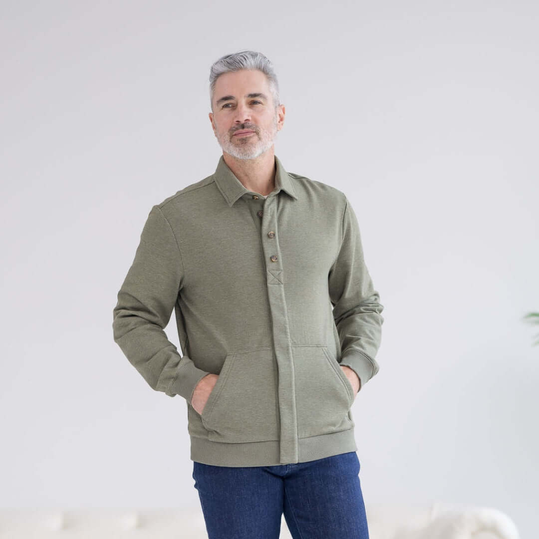 The Adaptive Magnetic Front Sweatshirt in Heathered Olive MagnaReady - AskSAMIE: Answers for Accessibility