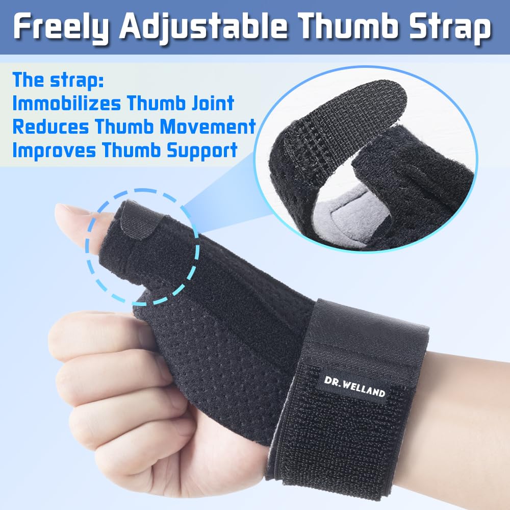 Close up of the adjustable thumb strap, which limits the painful twisting motion at the thumb base while the fingers stay free to pinch and grip.