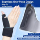Seamless one piece construction of the thumb splint shown flat and worn, with a soft brushed lining against the skin for all day comfort.