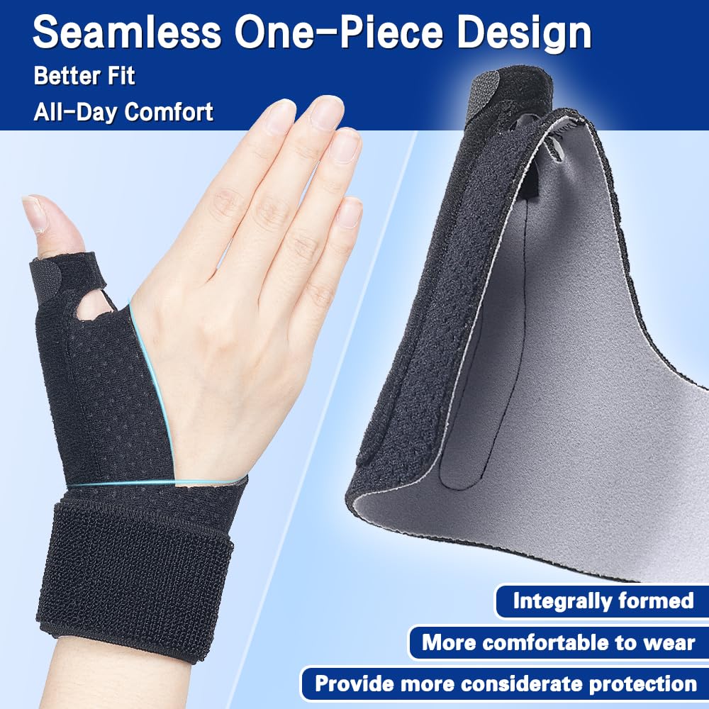 Seamless one piece construction of the thumb splint shown flat and worn, with a soft brushed lining against the skin for all day comfort.