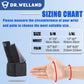 Sizing chart for the thumb spica splint: size S/M fits a 5 to 7.5 inch wrist and a 6.7 to 8.5 inch palm, size L/XL fits a 7.7 to 8.7 inch wrist and an 8.5 to 9.25 inch palm, measured around the wrist and across the knuckles.