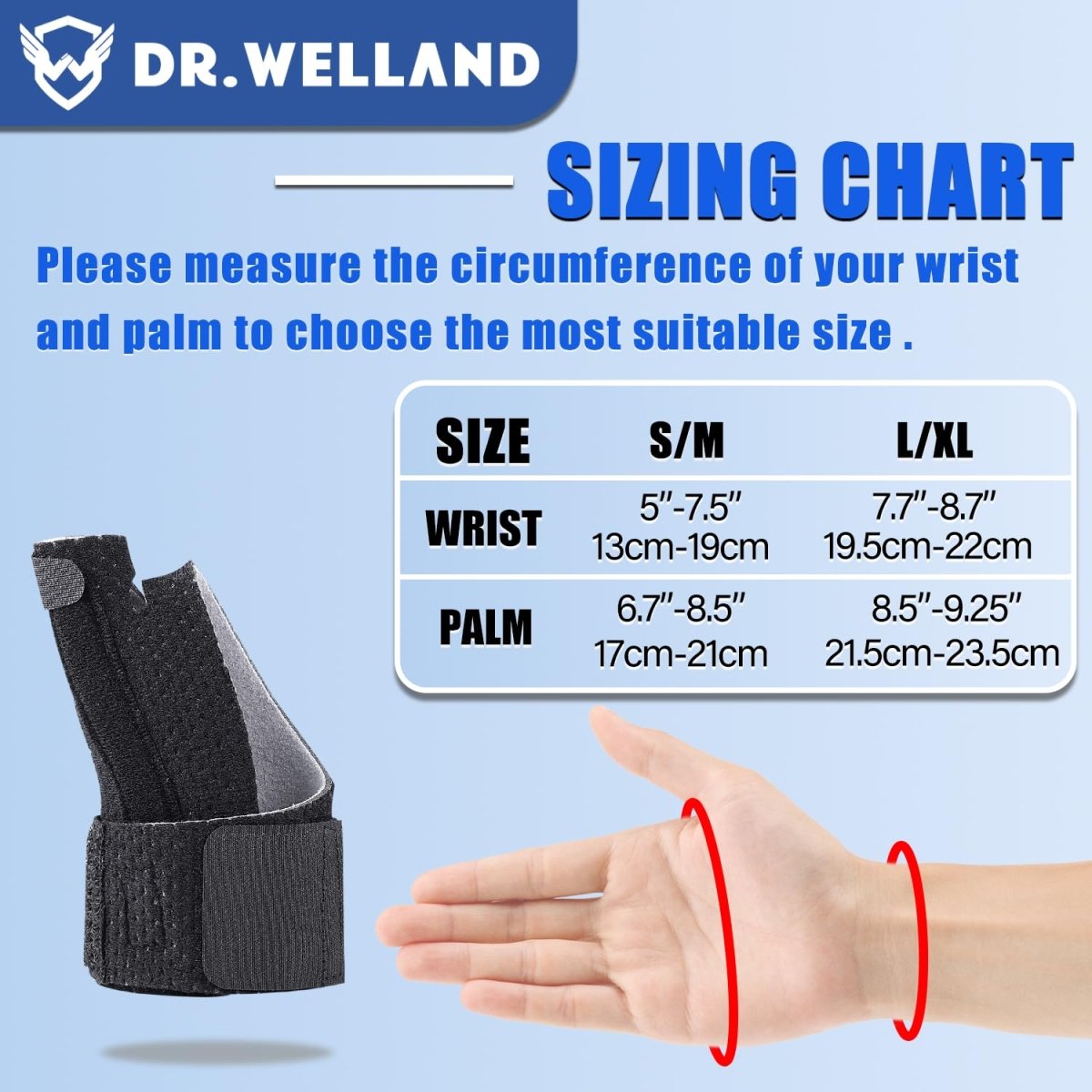 Sizing chart for the thumb spica splint: size S/M fits a 5 to 7.5 inch wrist and a 6.7 to 8.5 inch palm, size L/XL fits a 7.7 to 8.7 inch wrist and an 8.5 to 9.25 inch palm, measured around the wrist and across the knuckles.