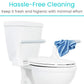 Wiping the toilet safety rail clean with a cloth, the smooth white finish keeps cleaning simple.