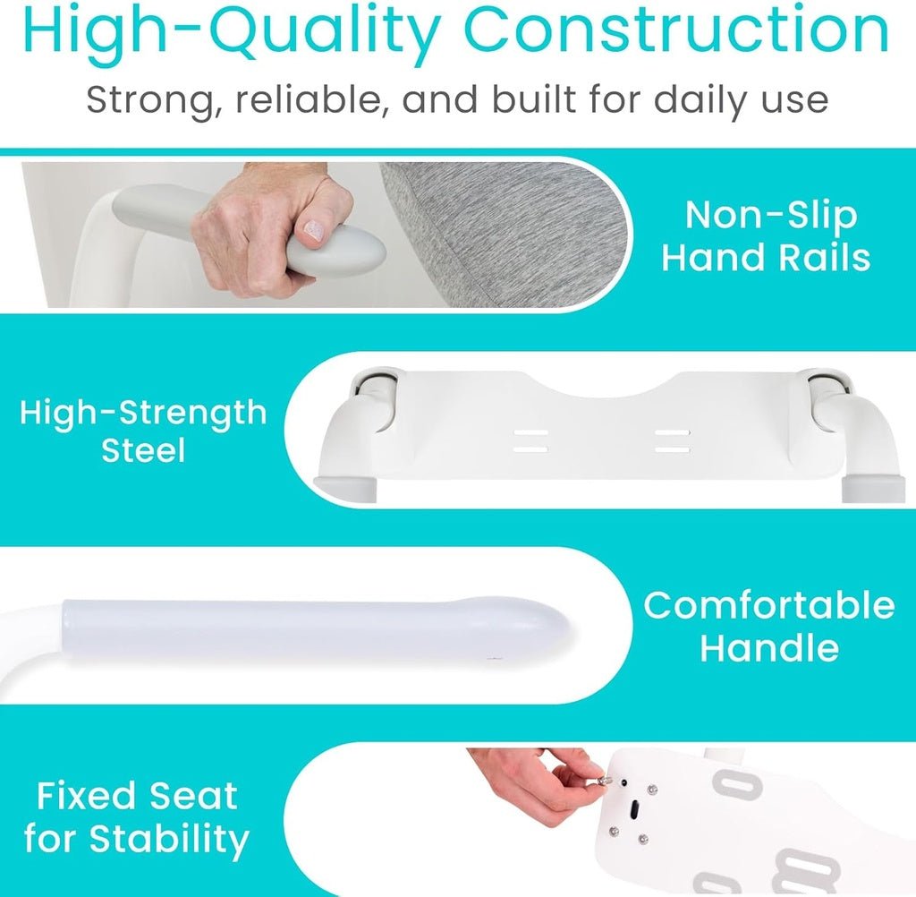 Close-up of the toilet rail's non-slip hand rails, high-strength steel frame, and fixed seat mount.