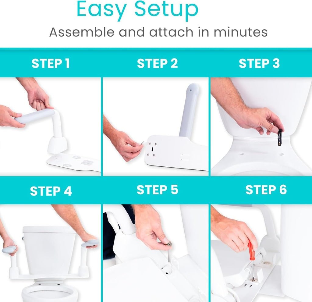 Six-step tool-free setup: remove the seat, place the rail plate over the bolt holes, and reinstall the seat on top.