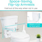 Toilet rail dimensions: 17 inches between arms, 10 by 2.5 inch armrests, 9 inch arm height; armrests flip up out of the way.